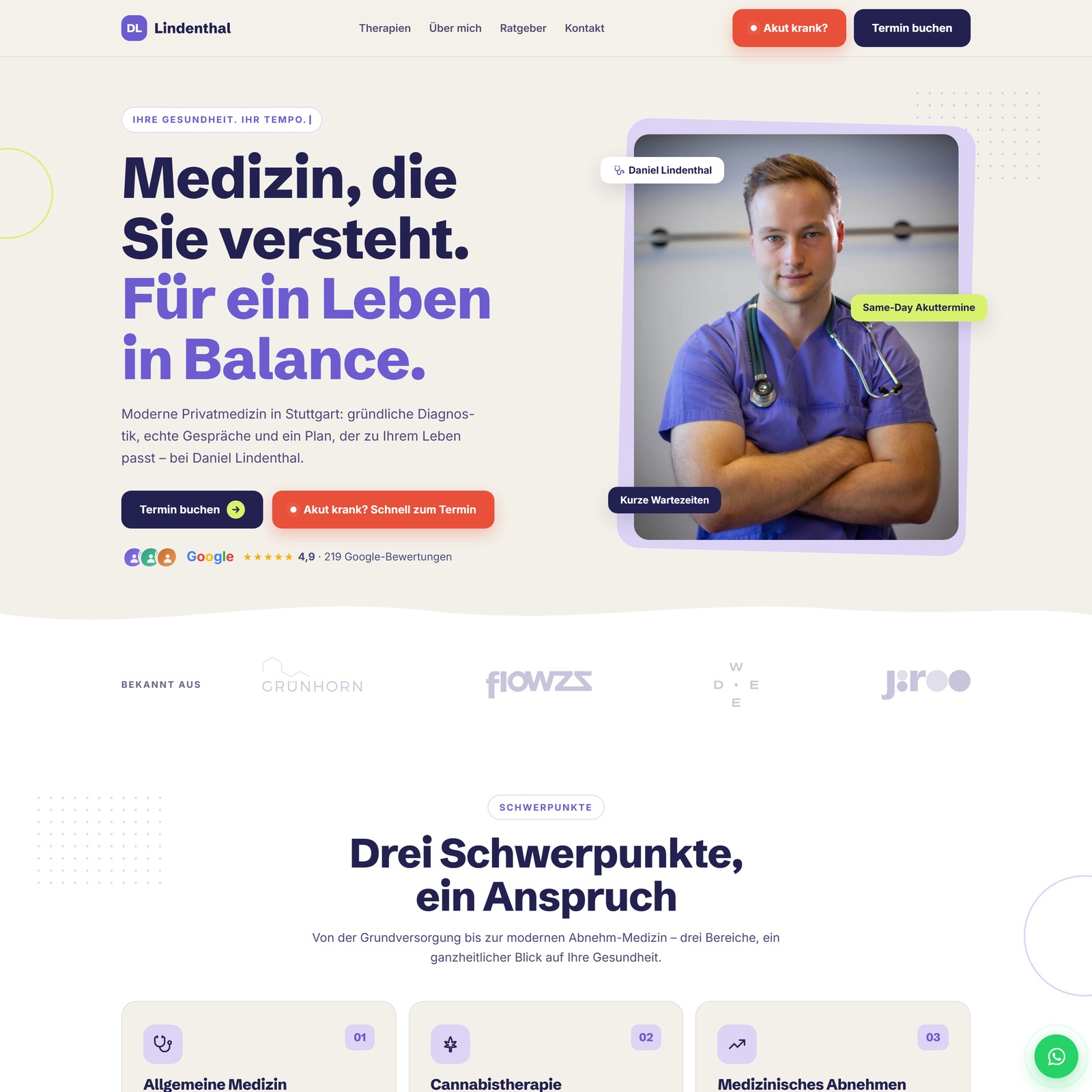 Aktueller Hero-Bereich der Website von Dr. Daniel Lindenthal
