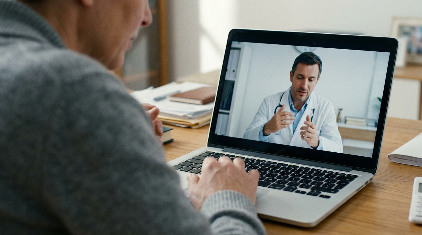 Patient in Videosprechstunde mit Arzt am Laptop